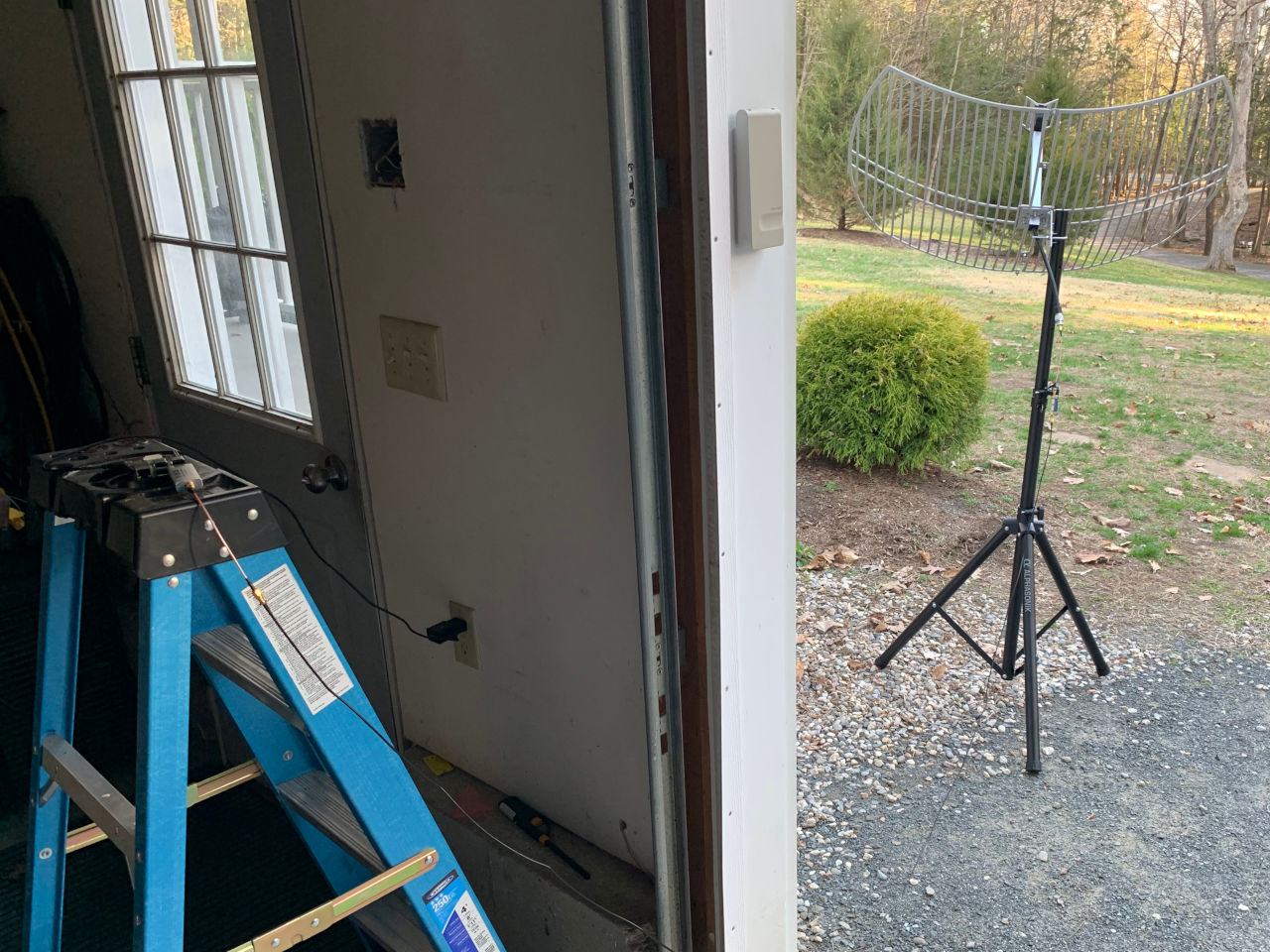 Photograph of a satellite dish showing it connected to the RTL-SDR dongle via a coaxial cable.